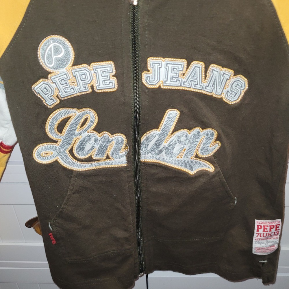 Pepe Jeans London Zip Up Hoodie Jacket Olive Yellow Graphic Logo Size M 10 12 - Picture 6 of 9